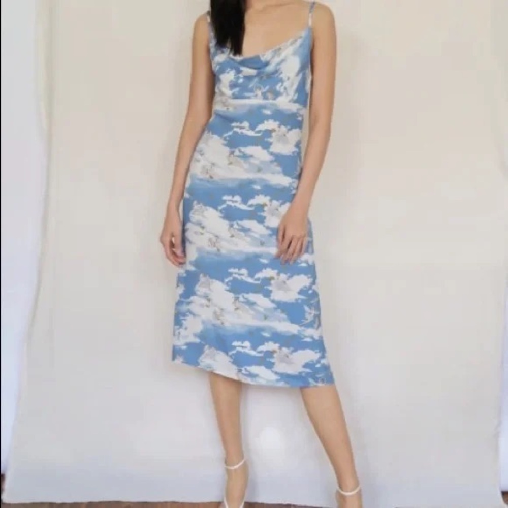👼RARE Astrid Dress👼Reformation Angel and Cloud Blue Cream Midi Slit Slip Dress